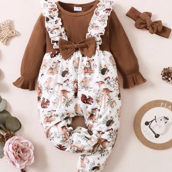 Other - 2 Pc Baby Girls Ruffled/Bow Romper Long Sleeve Animal Print Jumpsuit & Headband